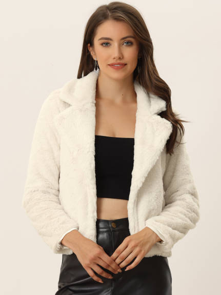 Allegra K- Notch Lapel Faux Fur Fluffy Cropped Coat