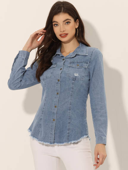 Allegra K- Point Collar Distressed Raw Hem Denim Shirt