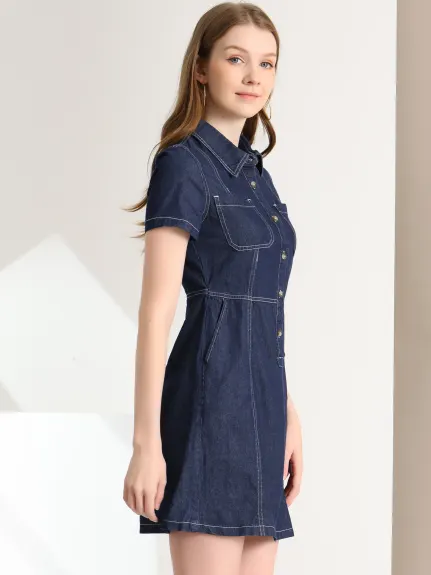 Allegra K- Denim Collared Short Sleeve Summer Dress