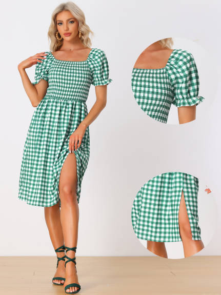 Allegra K- Short Sleeve Slit Plaid Dress