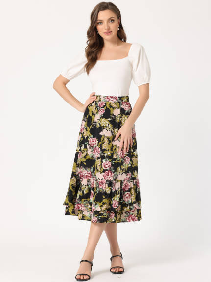 Allegra K- Printed Chiffon Ruffle Tiered Zipper Midi Skirt