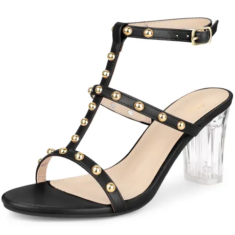 Allegra K- Rivets T-Strap Slingback Clear Heels Sandals