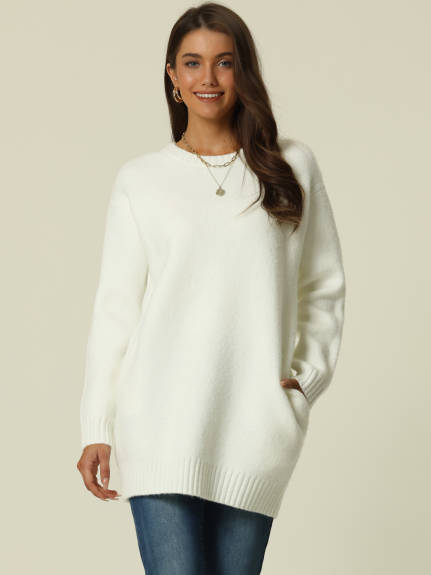 Allegra K- Round Neck Pullover Sweater with Pockets