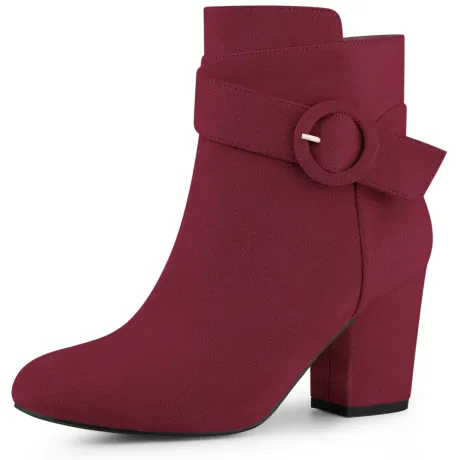 Allegra K - Round Toe Side Zip Buckle Block Heel Ankle Boots