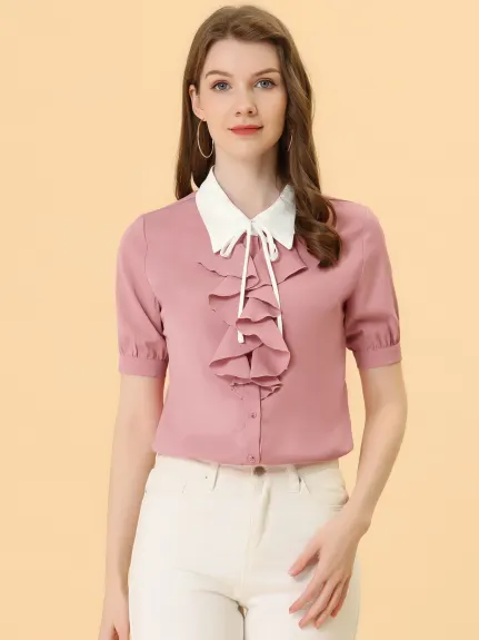Allegra K- Contrast Collar Tie Ruffle Front Short Sleeve Shirt