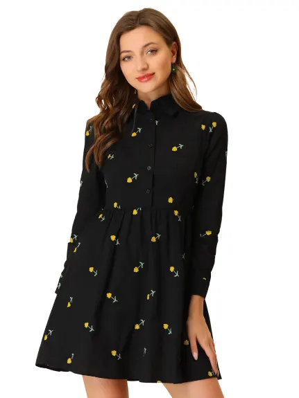 Allegra K- Long Sleeve Half Placket Embroidered Floral Mini Dress