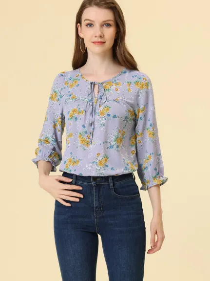 Allegra K- Tie Blouse florale à manches 3/4 et col en V