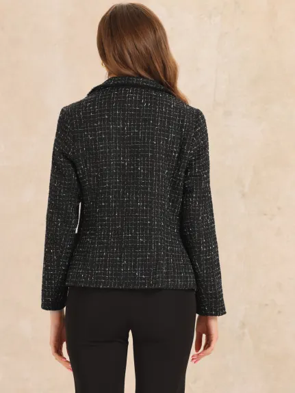 Allegra K- Vestes blazer à revers cranté en tweed à carreaux