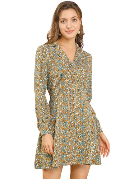 Allegra K- Floral Camp Collar Fit and Flare Shirt dress