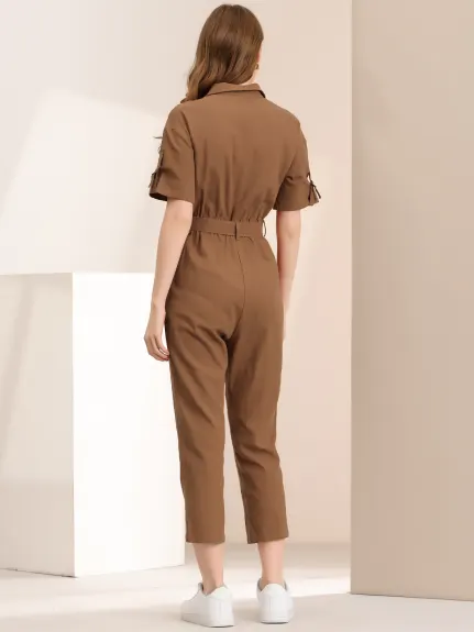 Allegra K- Turndown Collar Button up Tie Waist Cargo Jumpsuit