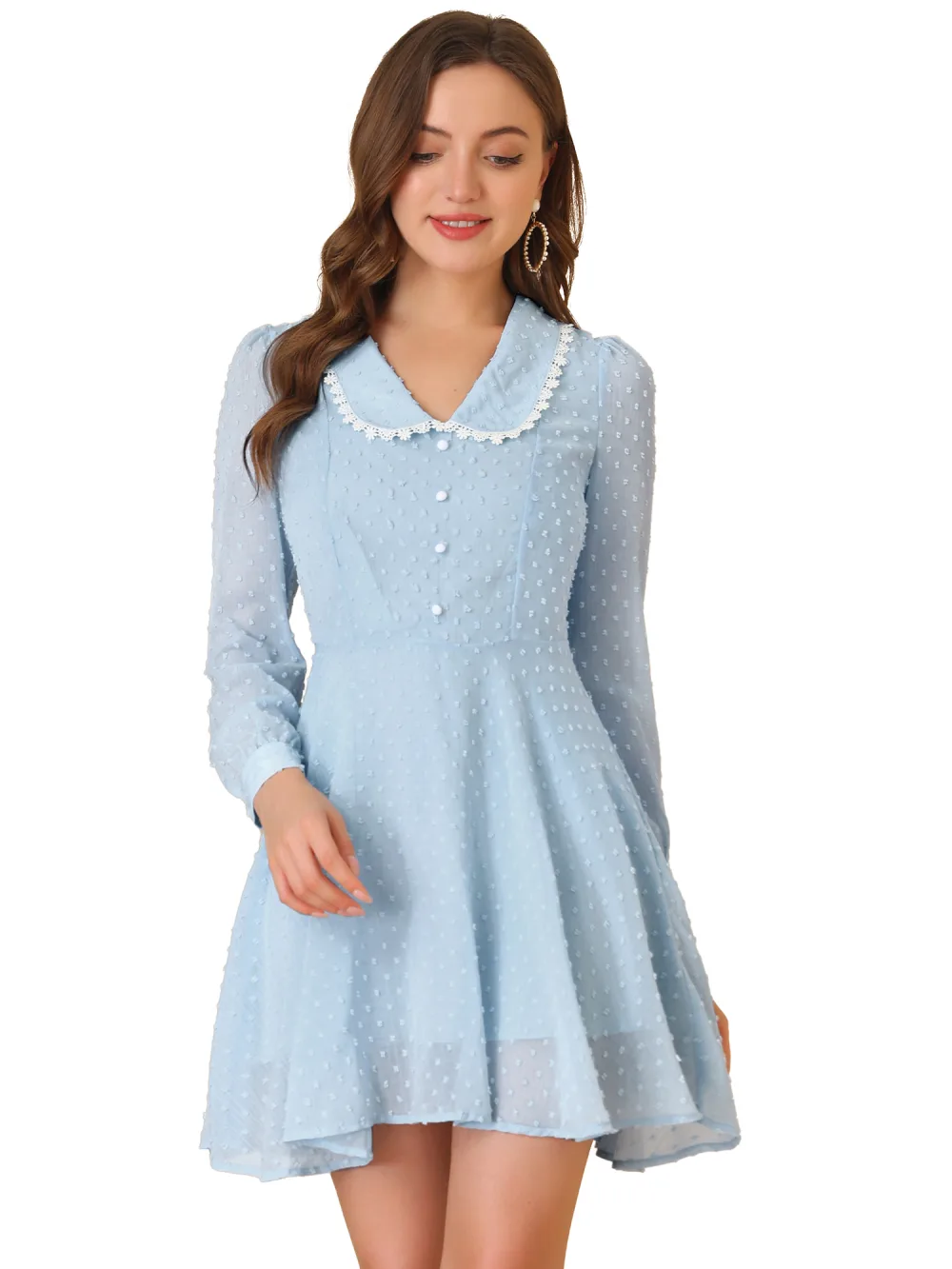 Allegra K- Peter Pan Collar Crochet Trim Swiss Dots Mini Dress