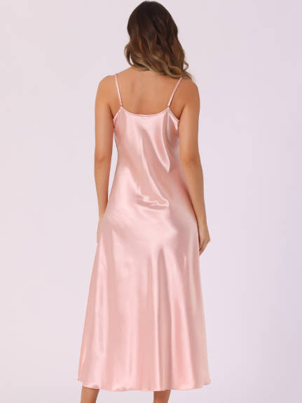 Allegra K - Satin V Neck Spaghetti Strap Maxi Dress