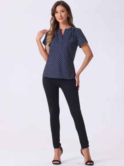 Allegra K- Dots Printed V Neck Short Sleeve Blouse