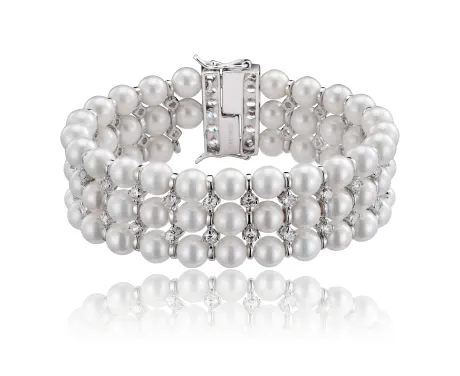 Genevive Sterling Silver White Gold Plated Cubic Zirconia 3 Row Pearl Bracelet