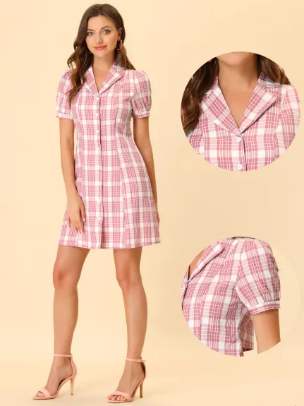 Allegra K- Notched Lapel Puff Short Sleeve Tartan Shirt Dress