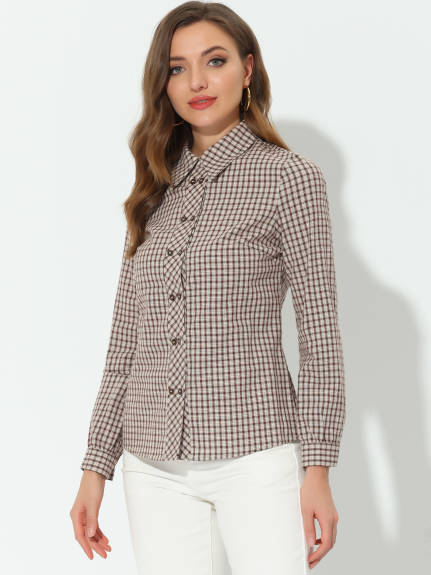 Allegra K- Plaid Point Collar Long Sleeve Double Breasted Shirt