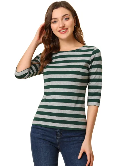 Allegra K- Boat Neck Elbow Sleeve Slim Fit Stripe T-Shirt