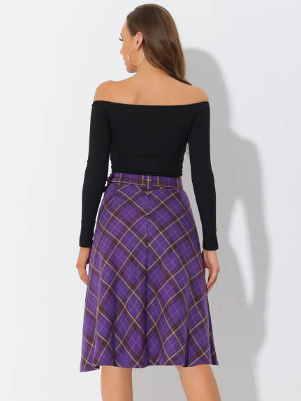 Allegra K- Plaid Tartan Belted A-Line Midi Skirt