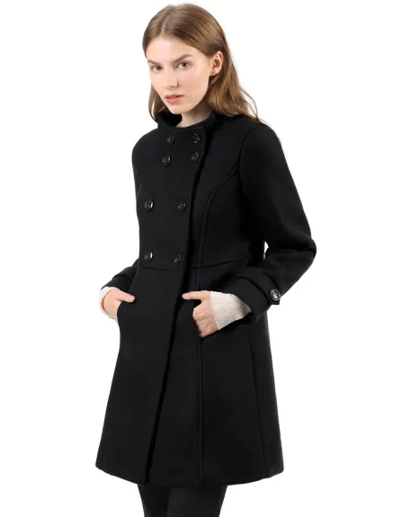 Allegra K- Stand Collar Long Sleeves Double Breasted Coat