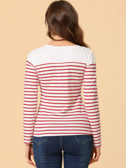 Allegra K- Color Block Long Sleeve Stripe T-Shirt