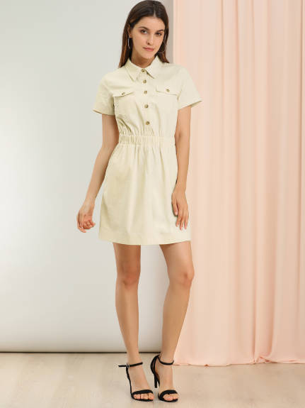 Allegra K- Short Sleeve Cotton Safari Shirt Dress