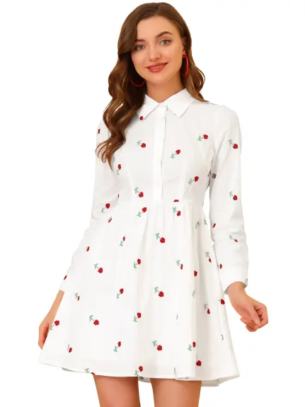 Allegra K- Long Sleeve Half Placket Embroidered Floral Mini Dress