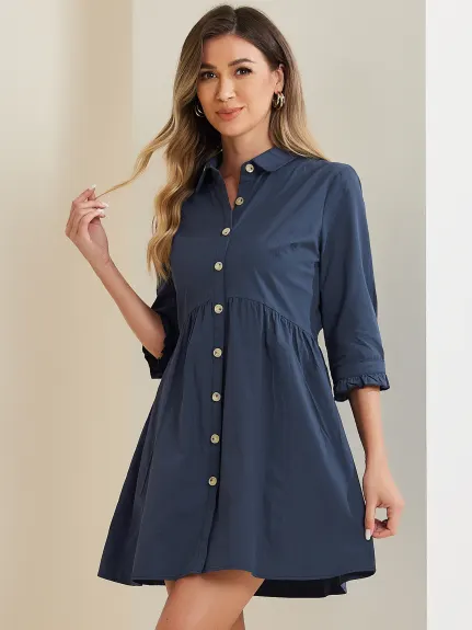 Allegra K- 3/4 Sleeve Button Up Flare Shirt Dress