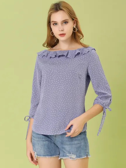 Allegra K- Ruffled Neck Half Sleeve Sheer Polka Dots Blouse