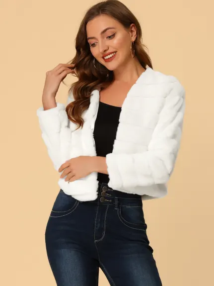 Allegra K- Cropped Collarless Faux Fur Fluffy Coat Jacket