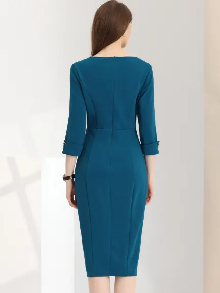 Allegra K- Boat Neck 3/4 Sleeves Midi Split Sheath Dress