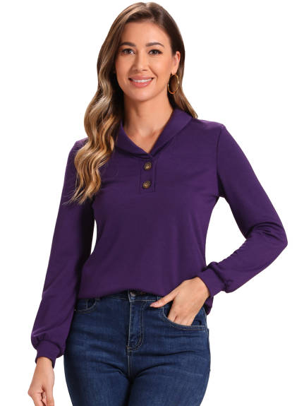 Allegra K - Collared V Neck Long Sleeve Blouse