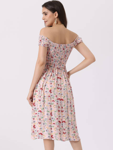 Allegra K- Off Shoulder Floral Smocked Dress