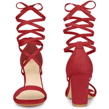Allegra K - Open Toe Lace Up Tie up Chunky Heeled Sandals