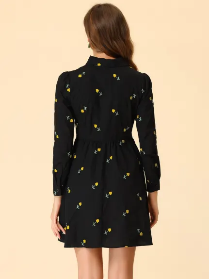 Allegra K- Long Sleeve Half Placket Embroidered Floral Mini Dress