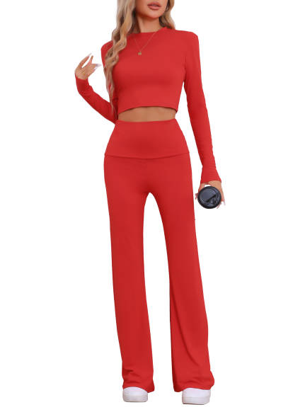 Cheibear -  Long Sleeve Crop Top Flare Pants Lounge Sets