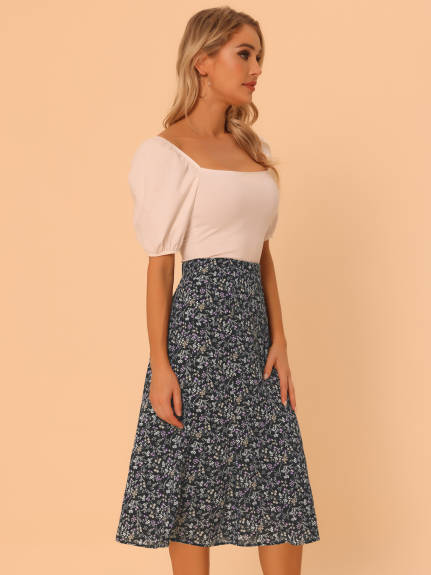 Allegra K- Elastic Waist A-Line Midi Leave Print Skirt