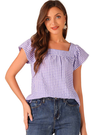 Allegra K- Square Neck Gingham Cap Sleeve Blouse