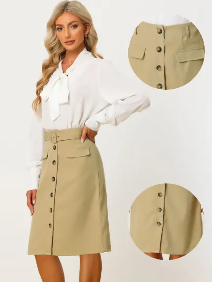 Allegra K- Button Front Belted Work Straight Skirt