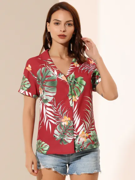 Allegra K- Beach Tropical Floral Leaves Button Down Shirt