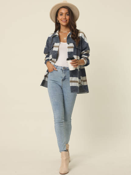 Allegra K - Flannel Plaid Shacket Button Down Jacket