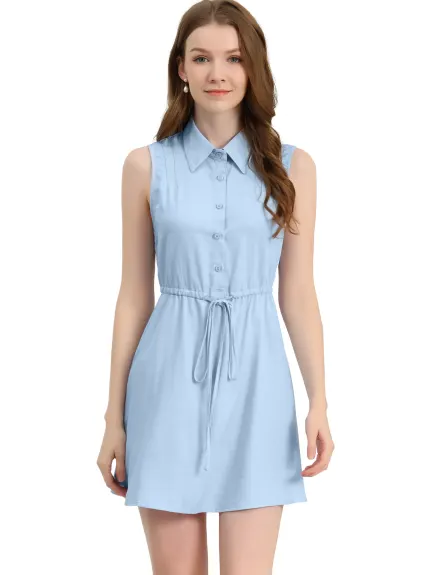 Allegra K- Sleeveless Pleated Drawstring Waist Shirt Dress