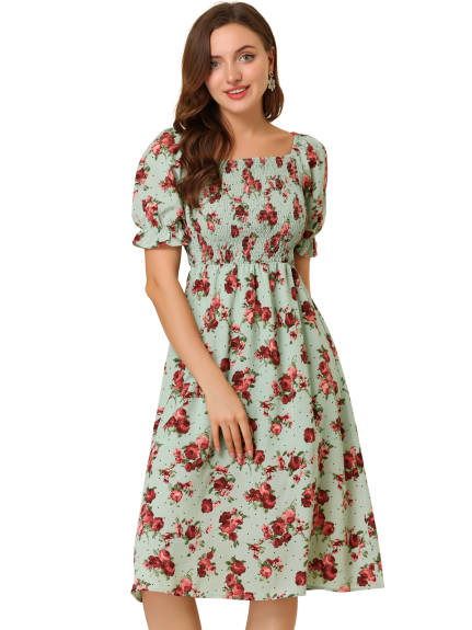 Allegra K- Square Neck Puff Sleeves Midi Smocked Floral Dress