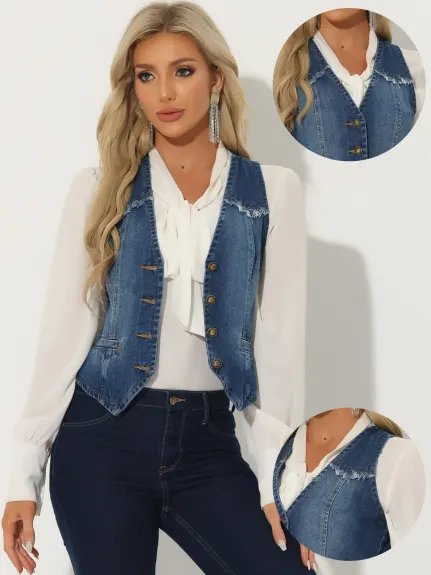 Allegra K- V veste en Denim délavé au cou