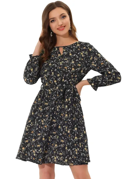 Allegra K- Choker Belted Keyhole V Neck Floral Dress