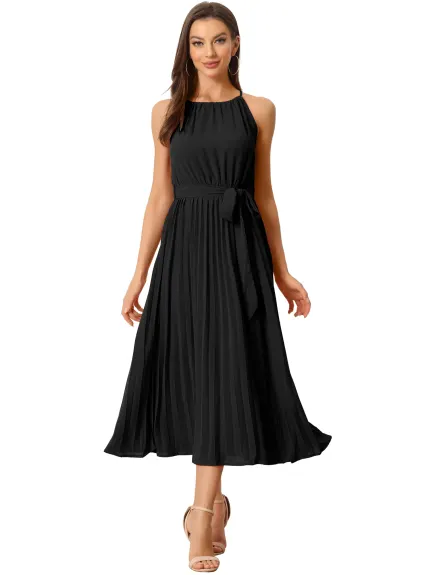 Allegra K- Halter Neck Belted Pleated Dress