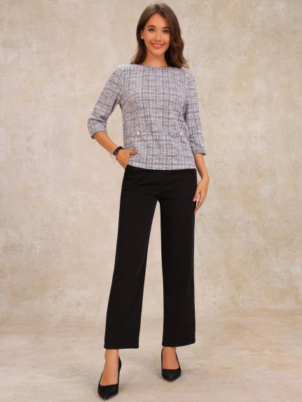 Allegra K - 3/4 Sleeve Tweed Plaid Top