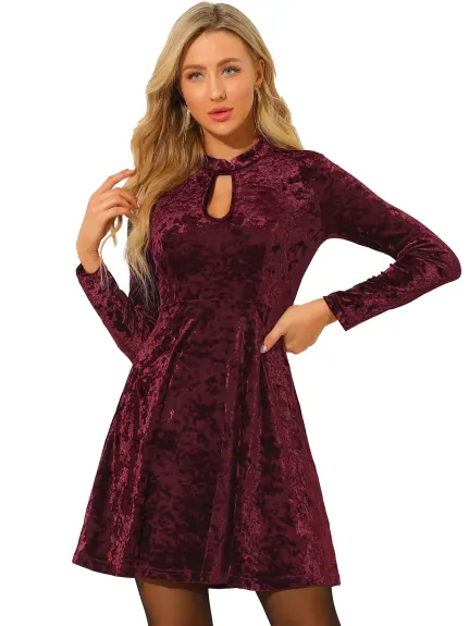 Allegra K- Choker Neck High Waist Long Sleeve Velvet Mini Dress