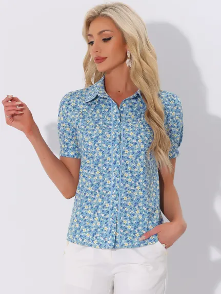 Allegra K- Contrast Trim Puff Sleeve Floral Shirt