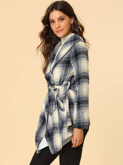 Allegra K- Turn Down Collar Asymmetric Hem Plaids Coat