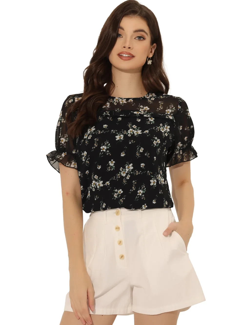 Allegra K- Blouse florale en mousseline à volants